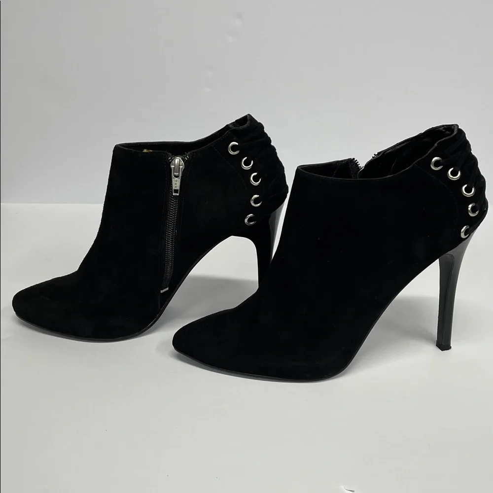 BCBGeneration black suede platform stiletto ankle booties with laceup detail